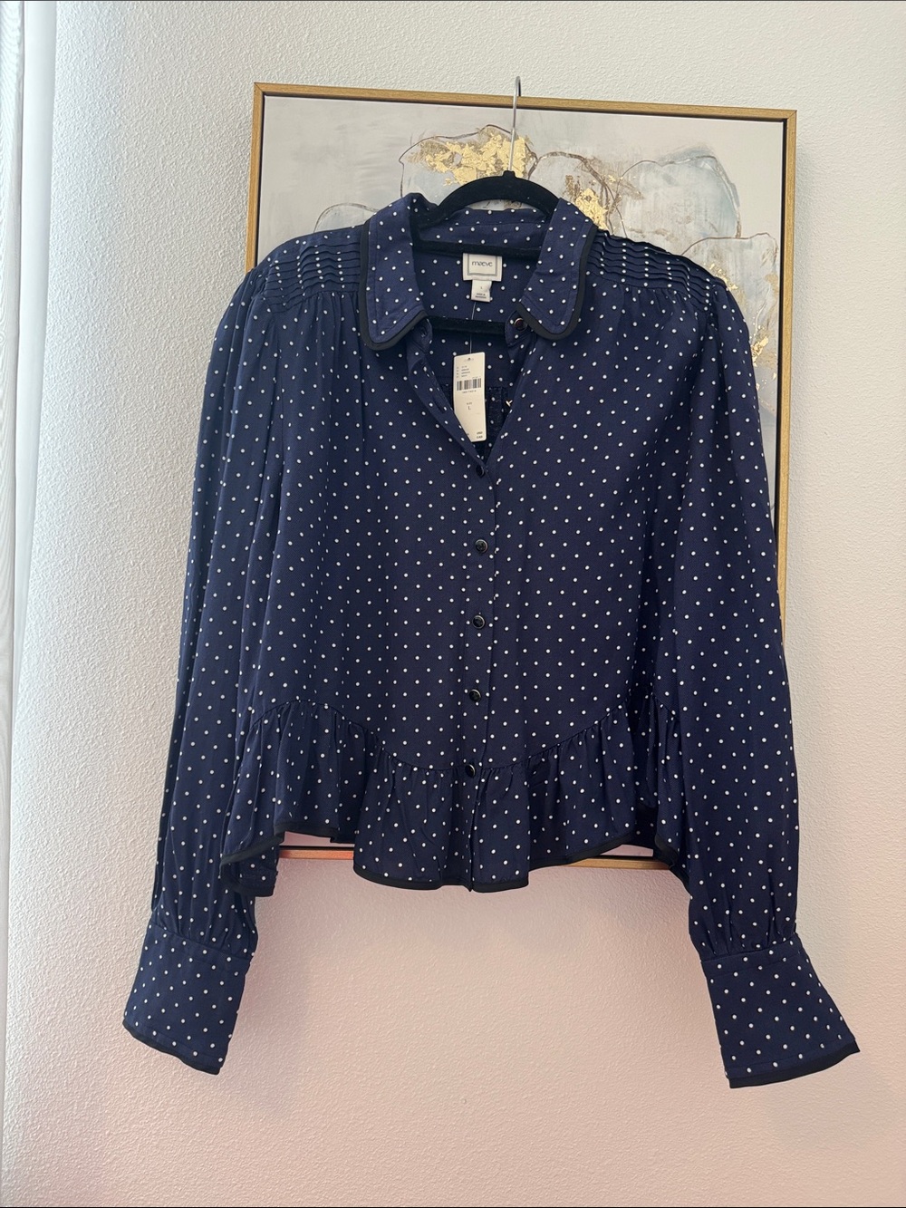 6/14 Maeve Navy Blue Polka Dot Ruffle-Hem Button Front Blouse